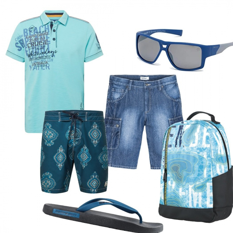 Outfit uomo - Total look #1130900. Stile Casual per Mare. Abbinamento con bermuda, sandali, borse sportive, occhiali da sole, t-shirt, costumi.