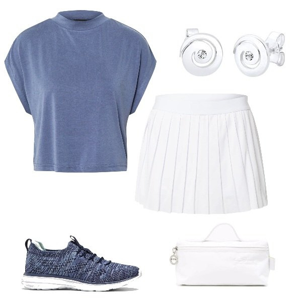 Outfit donna - Sporty style. Stile Sporty chic per Tutti i giorni. Abbinamento con sneakers, clutch, t-shirt, gonne, orecchini.