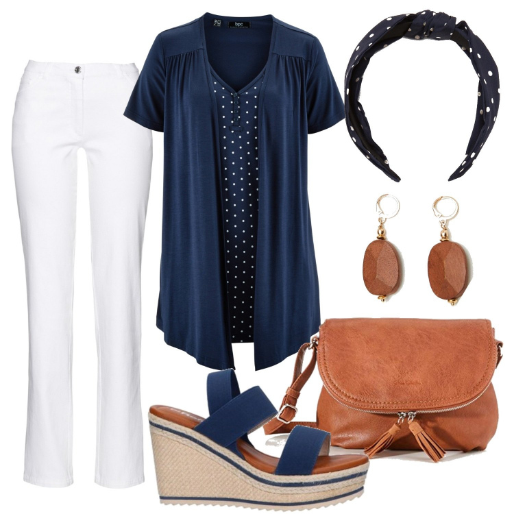 Outfit donna - Total look. Stile Casual per Tutti i giorni. Abbinamento con pantaloni, cardigans, sandali, orecchini, cerchietti, borse a tracolla.