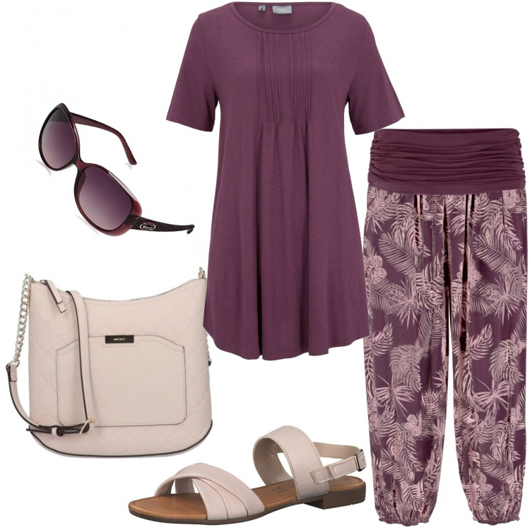 Outfit donna - Il pantalone comodo. Stile Casual per Tutti i giorni. Abbinamento con t-shirt, pantaloni capri, borse a tracolla, sandali, occhiali da sole.