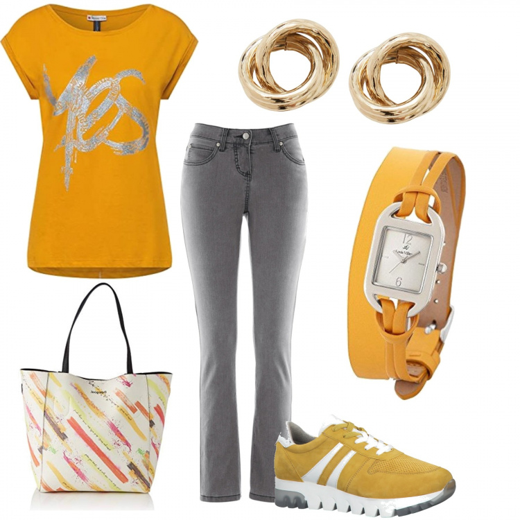 Outfit donna - Total look #1131449. Stile Sporty chic per Scuola/Università. Abbinamento con jeans slim fit, t-shirt, sneakers, orologi analogici, shopping bag, orecchini.