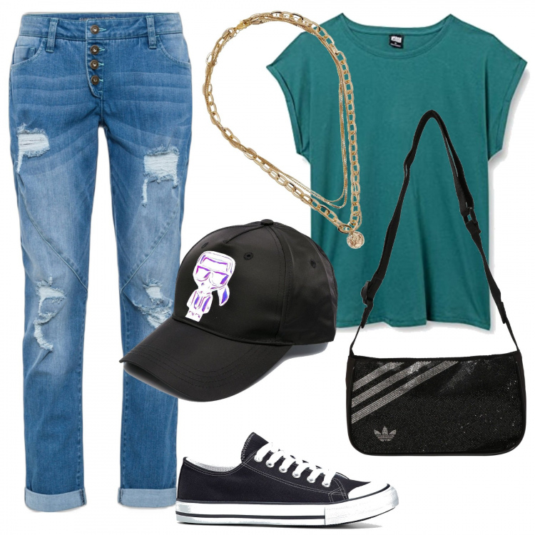 Outfit donna - Urban, trendy, CurvyStyle. Stile Urban per Tutti i giorni. Abbinamento con jeans boyfriend, scarpe sportive, cappelli con visiera, t-shirt, collane, borse a tracolla.