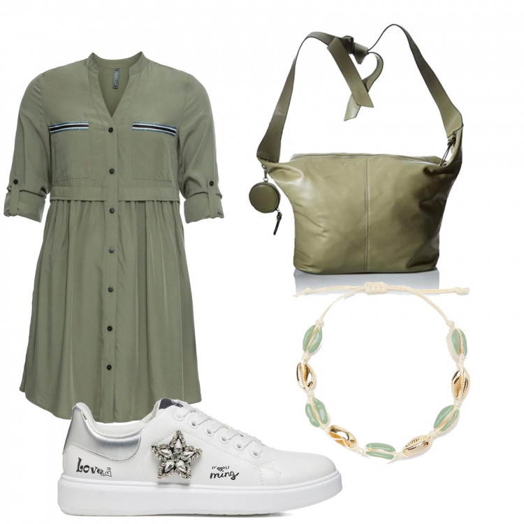 Outfit donna - Colore block. Stile Casual per Tutti i giorni. Abbinamento con vestiti chemisier, braccialetti, sneakers, borse a tracolla.