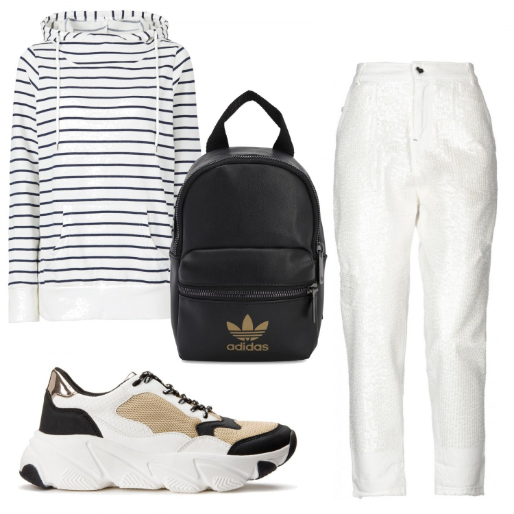 Outfit femme - Sport look. Style Tendance pour Tous les jours. Assortir avec sweats à capuche, jean boyfriend, sneakers, sacs à dos.