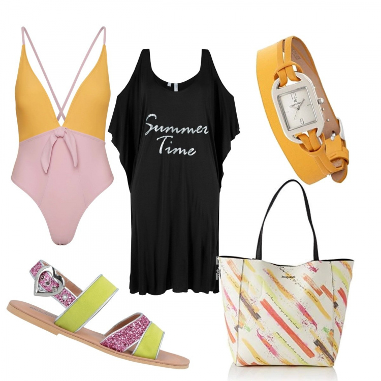 Outfit donna - Total look #1132041. Stile Casual chic per Mare. Abbinamento con vestiti da spiaggia, sandali in pelle, orologi analogici, shopping bag, costumi interi.