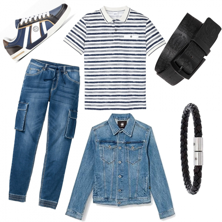 Outfit uomo - Serata in montagna. Stile Casual per Tutti i giorni. Abbinamento con cinture, sneakers, jeans slim fit, braccialetti, giacche, polo.