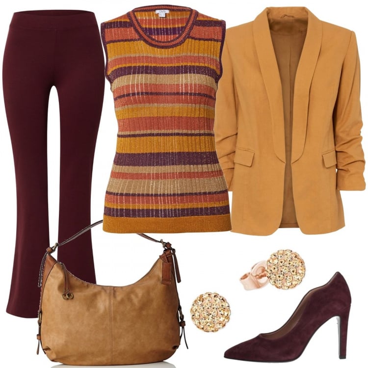 Outfit donna - Per l\'ufficio e oltre. Stile Casual chic per Ufficio. Abbinamento con giacche, décolleté, pantaloni, top, orecchini, borse a tracolla.