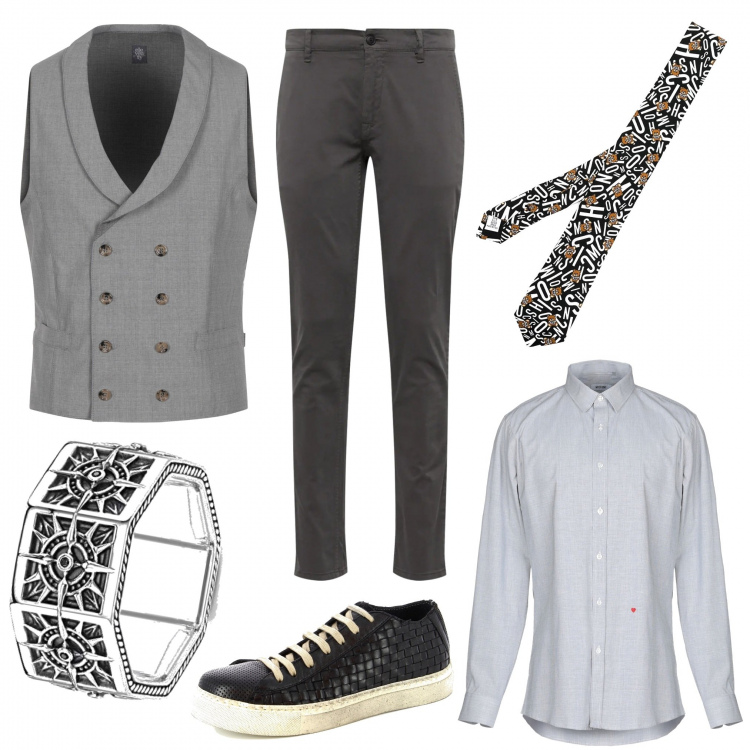 Outfit uomo - Serata tra amici. Stile Business/Elegante per Serata speciale. Abbinamento con scarpe stringate, cravatte, gilet, camicie, anelli, pantaloni chino.