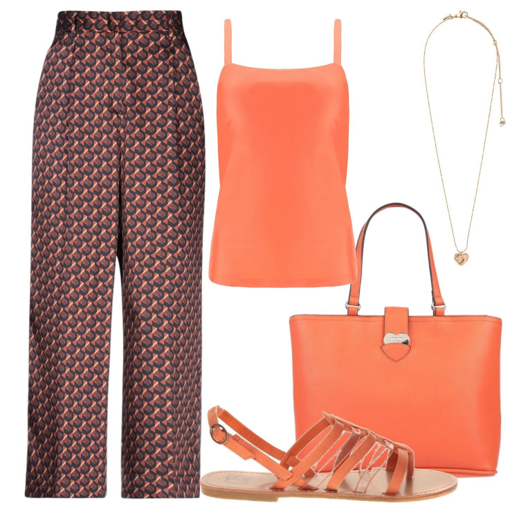 Outfit donna - Total look. Stile Casual per Tutti i giorni. Abbinamento con pantaloni, borse a mano, sandali, canottiere, collane.