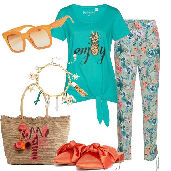 Outfit donna - Sorprendentemente trendy. Stile Trendy per Tutti i giorni. Abbinamento con cinture, t-shirt con nodi verde, bracciale, occhiali da sole oversize lenti colorate, ballerine con fiocco, portamonete con ricamo e zip con tasca interna.