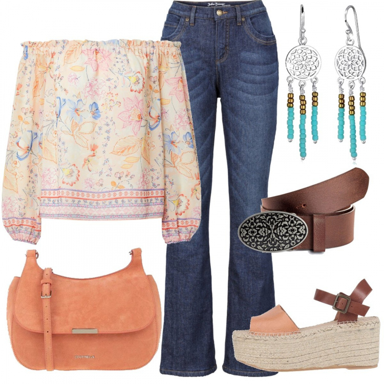 Outfit donna - Anni ‘70. Stile 70s per Tutti i giorni. Abbinamento con jeans bootcut, borse a tracolla, sandali col tacco, camicie, cinture, orecchini.