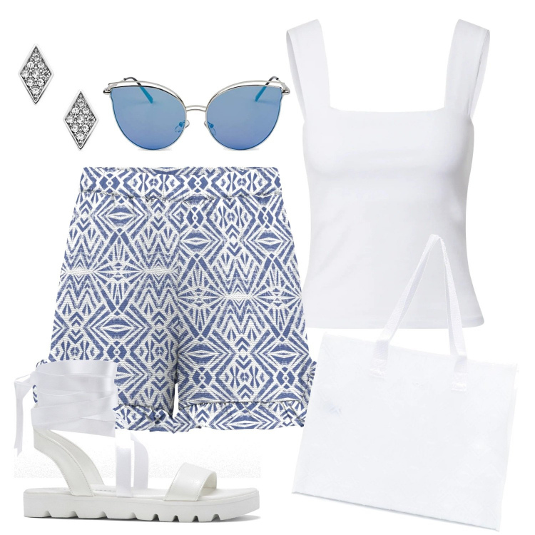 Outfit donna - Total look. Stile Trendy per Tutti i giorni. Abbinamento con cardigans, borse tote, pantaloni, top, occhiali da sole, orecchini.