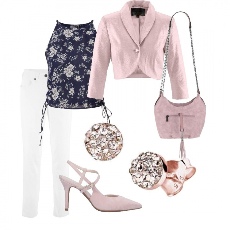 Outfit donna - Abbinamenti rosa & blu. Stile Chic per Serata fuori. Abbinamento con borse a tracolla, décolleté, pantaloni, bolero, top, orecchini.