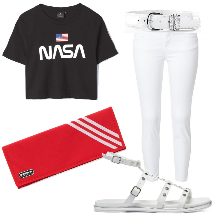Outfit donna - Houston, we\'ve got a problem!. Stile Casual per Tutti i giorni. Abbinamento con cinture, t-shirt, clutch, sandali in pelle, pantaloni.