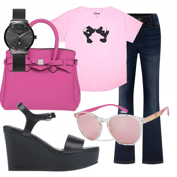 Outfit donna - Pink and black. Stile Basic per Tutti i giorni. Abbinamento con jeans bootcut, borse a mano, sandali in pelle, t-shirt, orologi analogici, occhiali da sole.