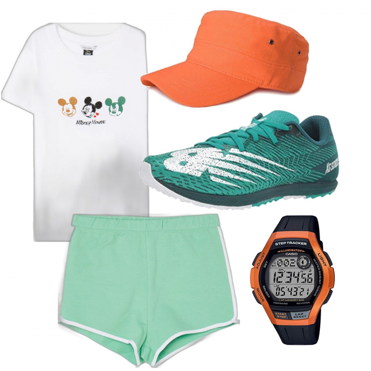 Outfit donna - Corri corri. Stile Sporty chic per Sport. Abbinamento con shorts, t-shirt, scarpe sportive, cappelli con visiera, orologi digitali.