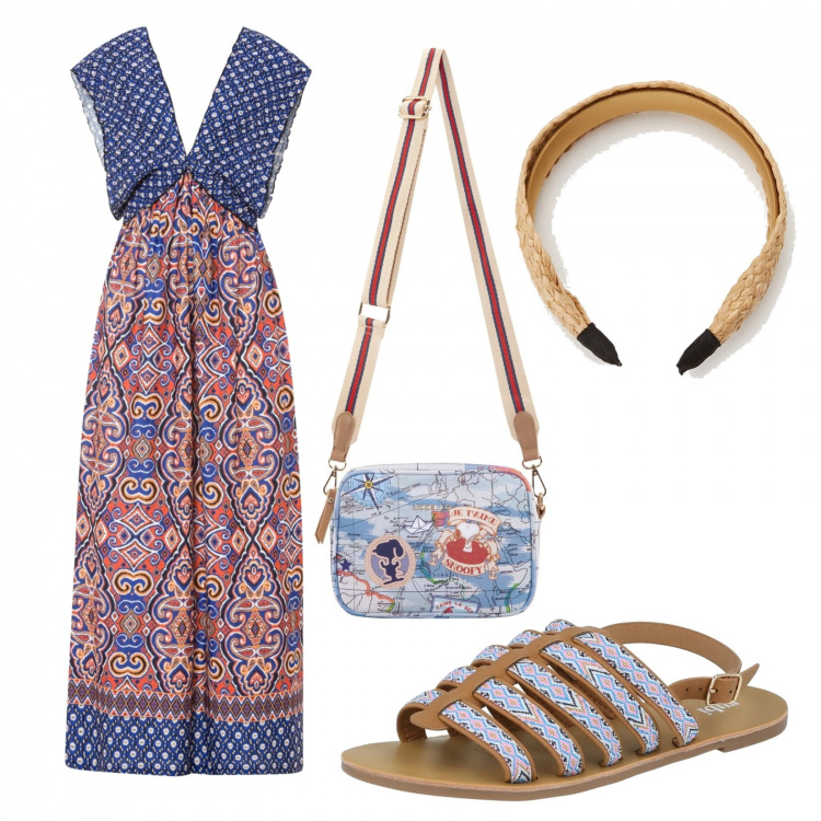 Outfit donna - Passeggiata in città. Stile Etnico per Tutti i giorni. Abbinamento con vestiti lunghi, cerchietti, sandali, borse a tracolla.