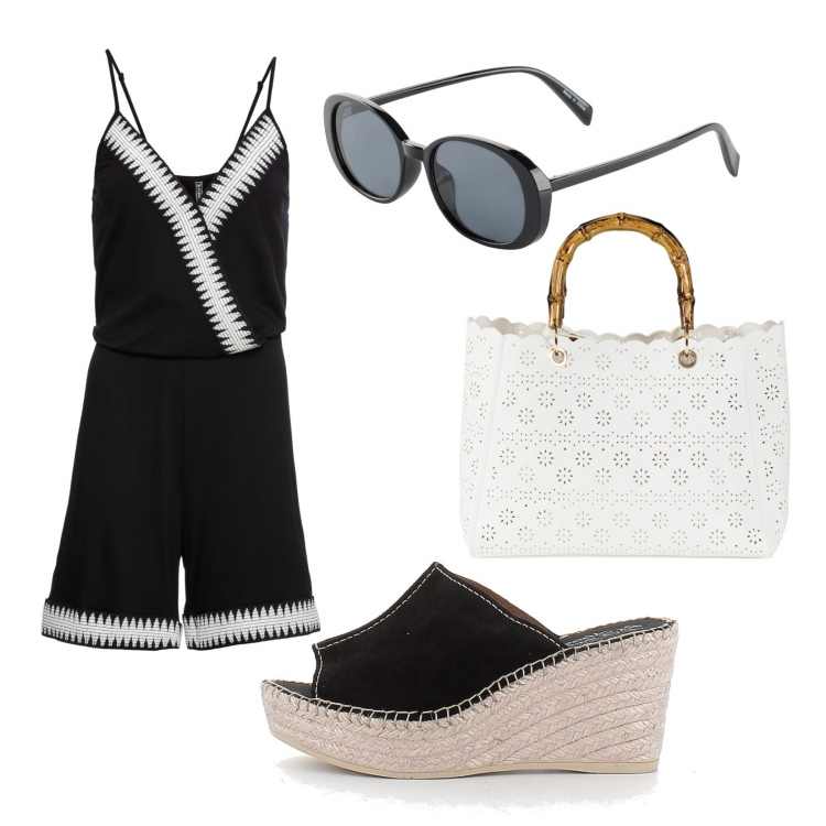 Outfit donna - Mettiti comoda. Stile Basic per Tutti i giorni. Abbinamento con tute, borse a mano, occhiali da sole, zeppe.