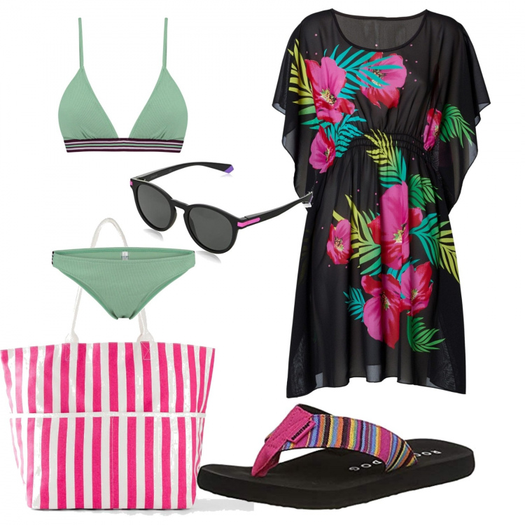Outfit donna - Mare mare mare. Stile Trendy per Mare. Abbinamento con vestiti da spiaggia, shopping bag, occhiali da sole, bikini, infradito.
