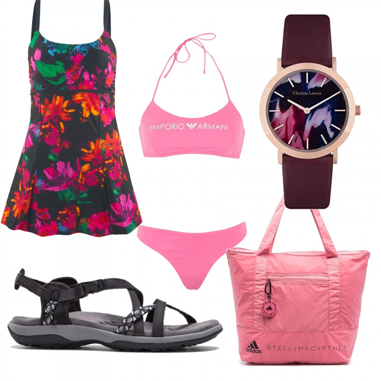 Outfit donna - Total look mare. Stile Casual chic per Mare. Abbinamento con sandali, vestiti da spiaggia, bikini, borse tote, orologi.