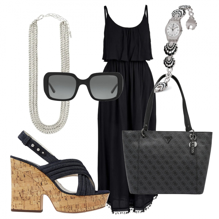 Outfit donna - Colazione chic in spiaggia. Stile Chic per Mare. Abbinamento con vestiti midi/longuette, sandali in pelle, occhiali da sole, shopping bag, orologi, collane.