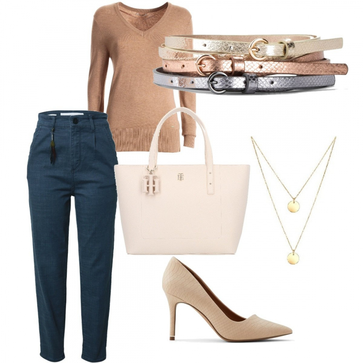 Outfit donna - Una giornata di lavoro. Stile Casual chic per Ufficio. Abbinamento con cinture, maglieria, décolleté, jeans, ciondoli, shopping bag.