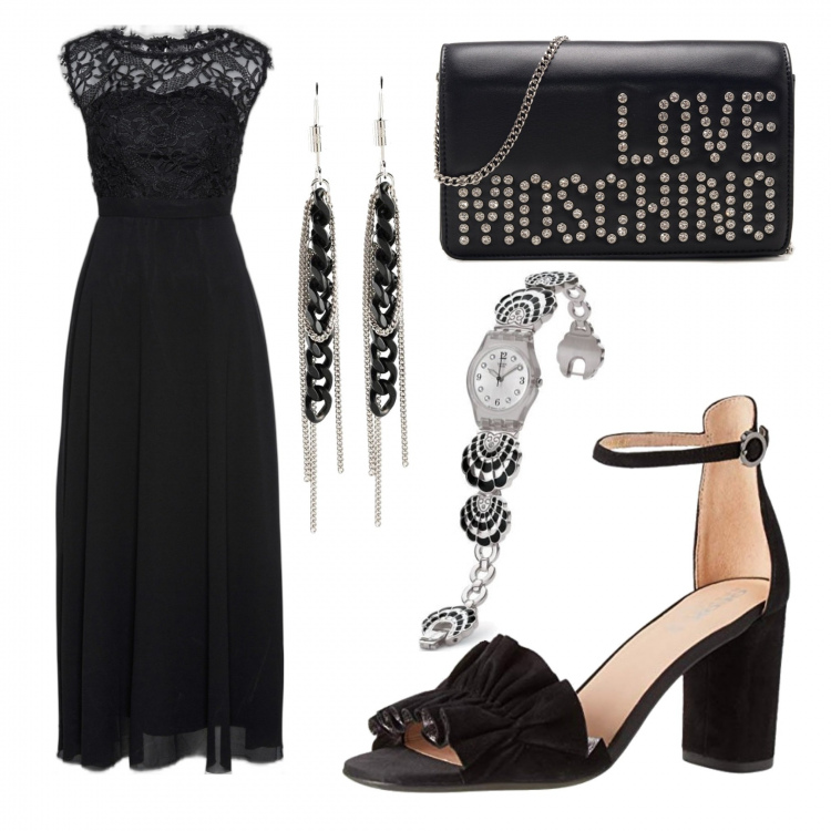 Outfit donna - Matrimonio di sera. Stile Glamour per Cerimonia. Abbinamento con vestiti lunghi, orecchini, borse a tracolla, sandali col tacco, orologi.