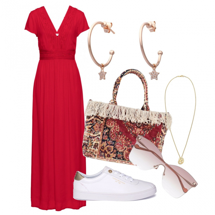 Outfit donna - Lungo quasi casual. Stile Casual chic per Tutti i giorni. Abbinamento con vestiti lunghi, borse a mano, orecchini, sneakers, occhiali da sole, ciondoli.