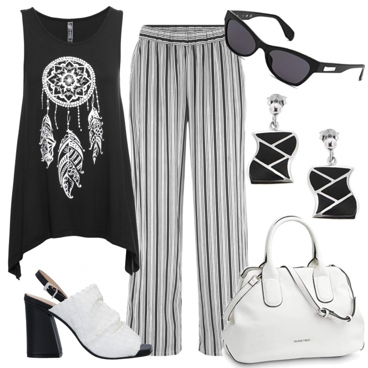 Outfit donna - Passeggiata sul lungomare. Stile Basic per Serata fuori. Abbinamento con top, pantaloni, sandali in pelle, borse a mano, orecchini, occhiali da sole.