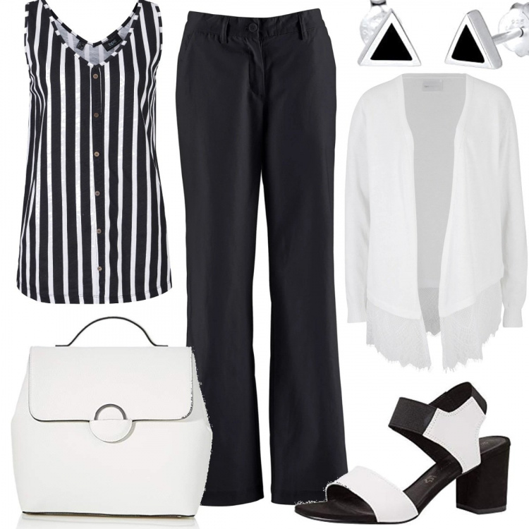 Outfit donna - Gli ultimi giorni di agosto. Stile Basic per Tutti i giorni. Abbinamento con pantaloni, cardigans, top, sandali col tacco, borse a mano, orecchini.
