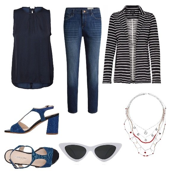 Outfit donna - Colloquio di lavoro. Stile Basic per Ufficio. Abbinamento con collana con perle argento, sandali effetto laminato con tacco squadrato e cinturino con punta tonda tinta unita, occhiali da sole, top loose fit collo tondo senza maniche blu, blazer a righe nero, jeans in denim blu.