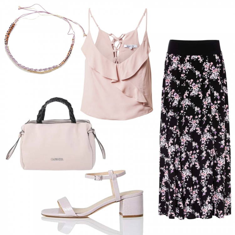 Outfit donna - Total look #1134942. Stile Basic per Serata fuori. Abbinamento con gonne lunghe, borse a mano, collane, top, sandali col tacco.