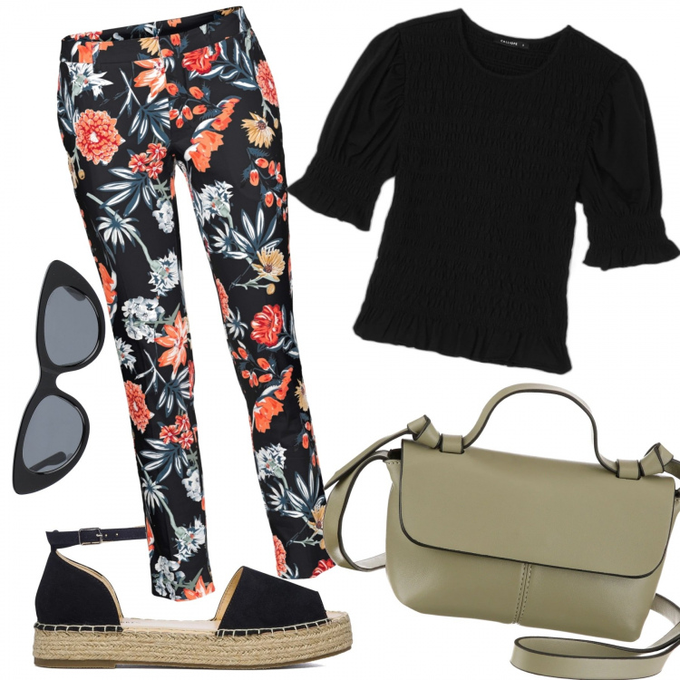 Outfit donna - 1350. Pantaloni Fioriti di Nero. Stile Basic per Tutti i giorni. Abbinamento con pantaloni, occhiali da sole, t-shirt, sandali col tacco, borse a tracolla.