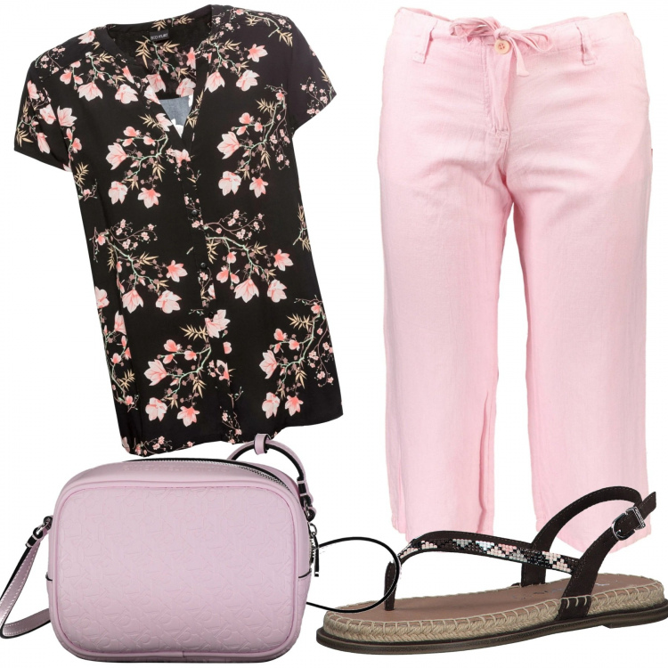 Outfit donna - 1352. Flower Pink. Stile Casual chic per Tutti i giorni. Abbinamento con camicie a manica corta, pantaloni capri, infradito, borse a tracolla.