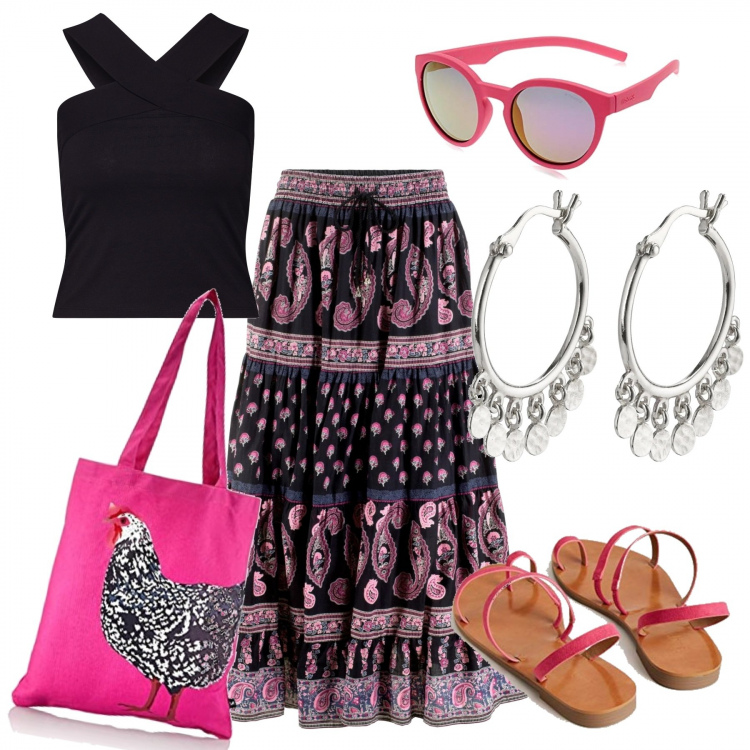 Outfit donna - Un po\' "gitana"!. Stile Boho per Tutti i giorni. Abbinamento con gonne lunghe, sandali alla schiava, borse tote, top, occhiali da sole, orecchini.
