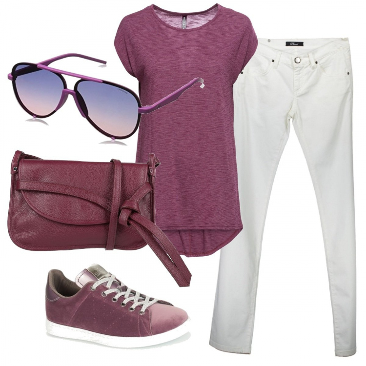 Outfit donna - Casual #4765. Stile Casual per Tutti i giorni. Abbinamento con maglieria, borse a tracolla, sneakers, pantaloni, occhiali da sole.