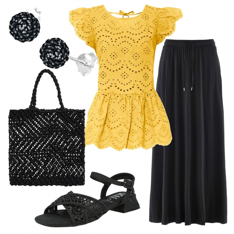 Outfit donna - Trendy #38734. Stile Trendy per Tutti i giorni. Abbinamento con gonne, bluse, sandali, shopping bag, orecchini.