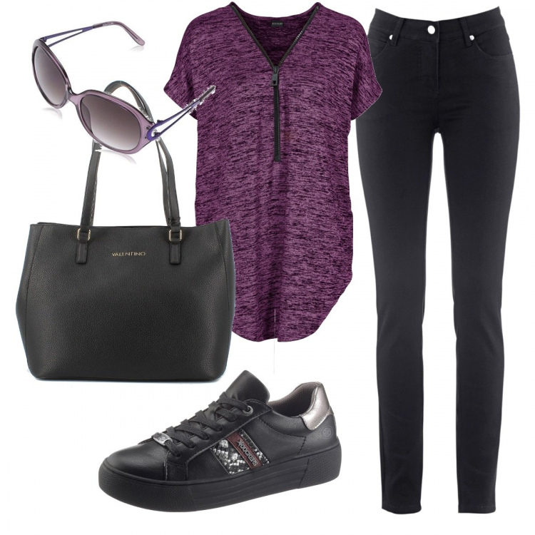 Outfit donna - Basic #29535. Stile Basic per Tutti i giorni. Abbinamento con jeans dritti, maglieria, shopping bag, sneakers, occhiali da sole.