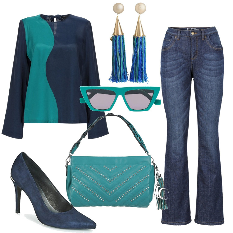 Outfit donna - Total look. Stile Casual per Tutti i giorni. Abbinamento con jeans bootcut, bluse, borse a mano, orecchini, décolleté, occhiali da sole.