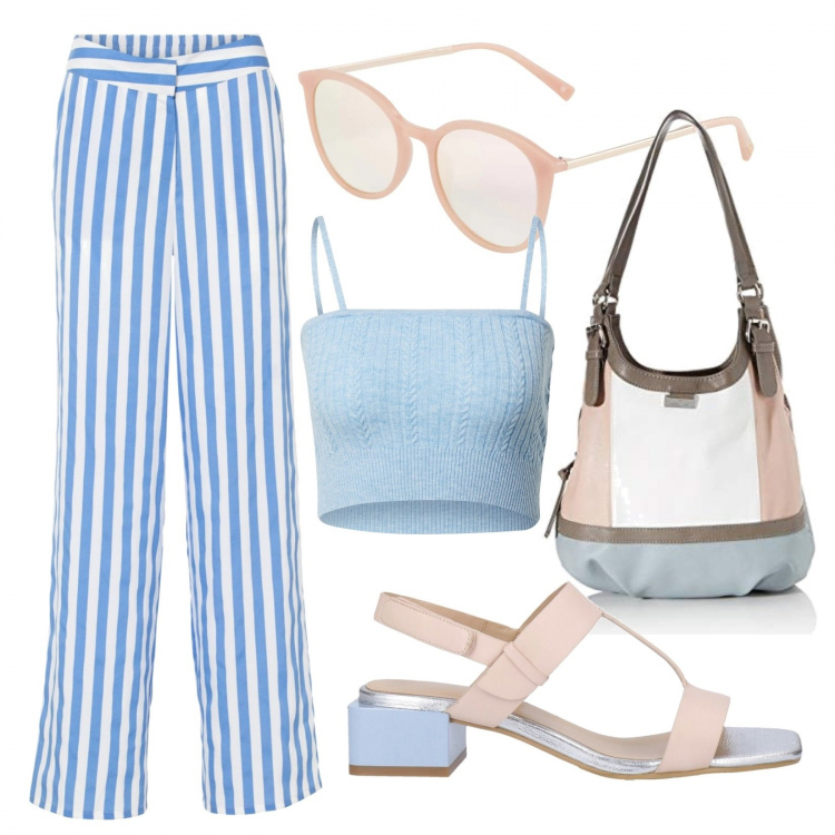 Outfit donna - Celeste e Rosé. Stile Casual chic per Tutti i giorni. Abbinamento con pantaloni a palazzo, sandali in pelle, shopping bag, occhiali da sole, top.