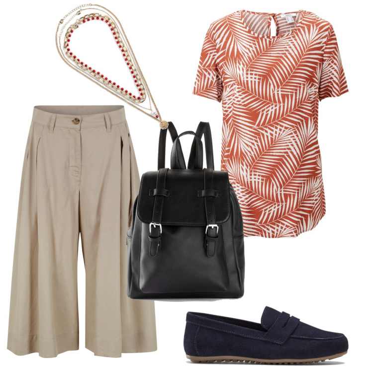 Outfit donna - Un gelato in centro. Stile Casual per Tutti i giorni. Abbinamento con mocassini, pantaloni culotte, gonne, zaini, collane.