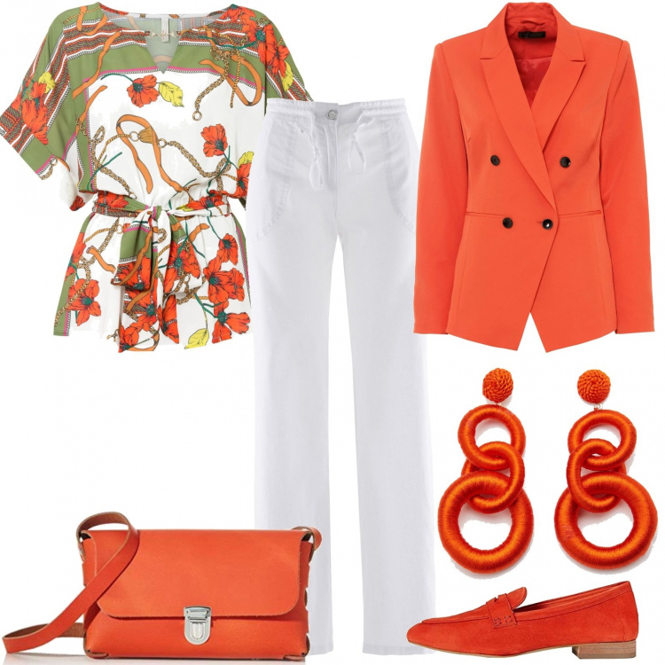 Outfit donna - Cerimonia in arancione. Stile Chic per Cerimonia. Abbinamento con pantaloni a palazzo, bluse, blazer, orecchini, mocassini, borse a tracolla.