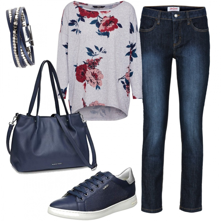 Outfit donna - Casual chic #4695. Stile Casual chic per Tutti i giorni. Abbinamento con jeans slim fit, braccialetti, t-shirt, sneakers, borse a mano.