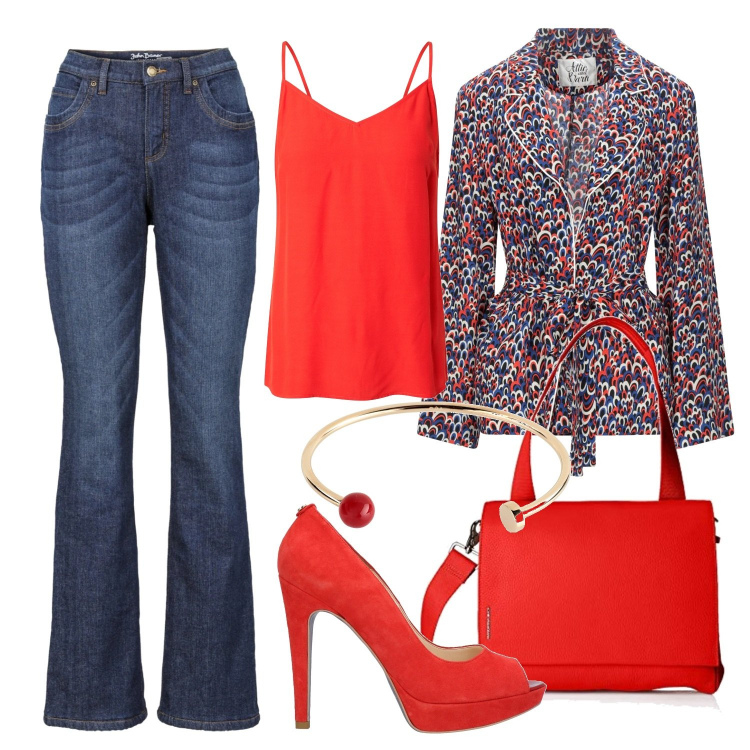 Outfit donna - Total look. Stile Casual chic per Tutti i giorni. Abbinamento con jeans bootcut, blazer, braccialetti, décolleté, top, borse a mano.