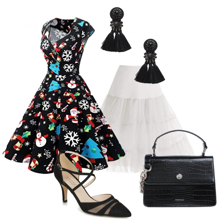 Outfit mujer - Muy navideño. Estilo Glamour para Ceremonia. Combinación con vestidos midi/longuettes, vestidos, zapatos de tacón, bolsos de mano, pendientes.
