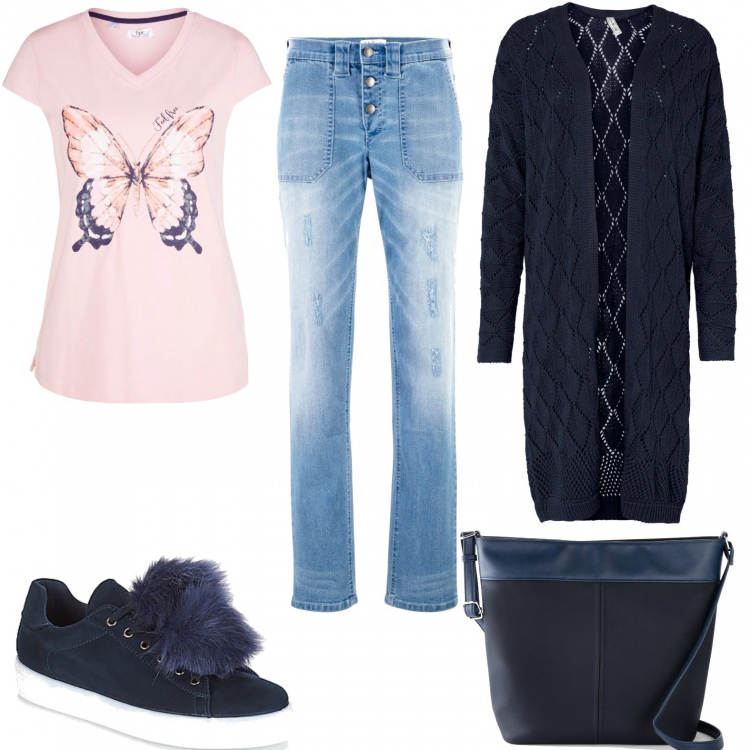 Outfit donna - Casual #4882. Stile Casual per Tutti i giorni. Abbinamento con jeans boyfriend, cardigans, maglieria, borse a tracolla, sneakers.