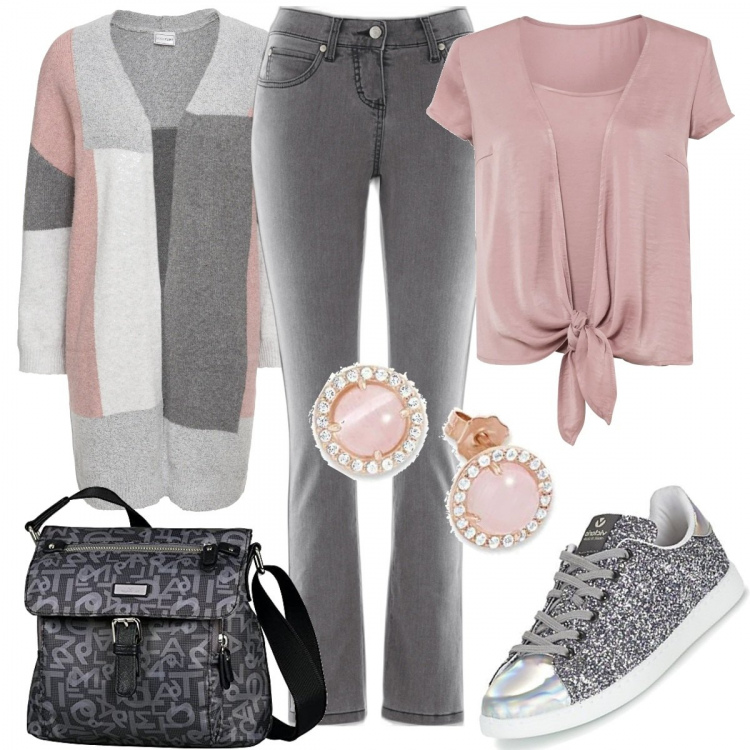 Outfit donna - Settembre comodo. Stile Casual per Tutti i giorni. Abbinamento con jeans slim fit, cardigans, bluse, sneakers, borse a tracolla, orecchini.
