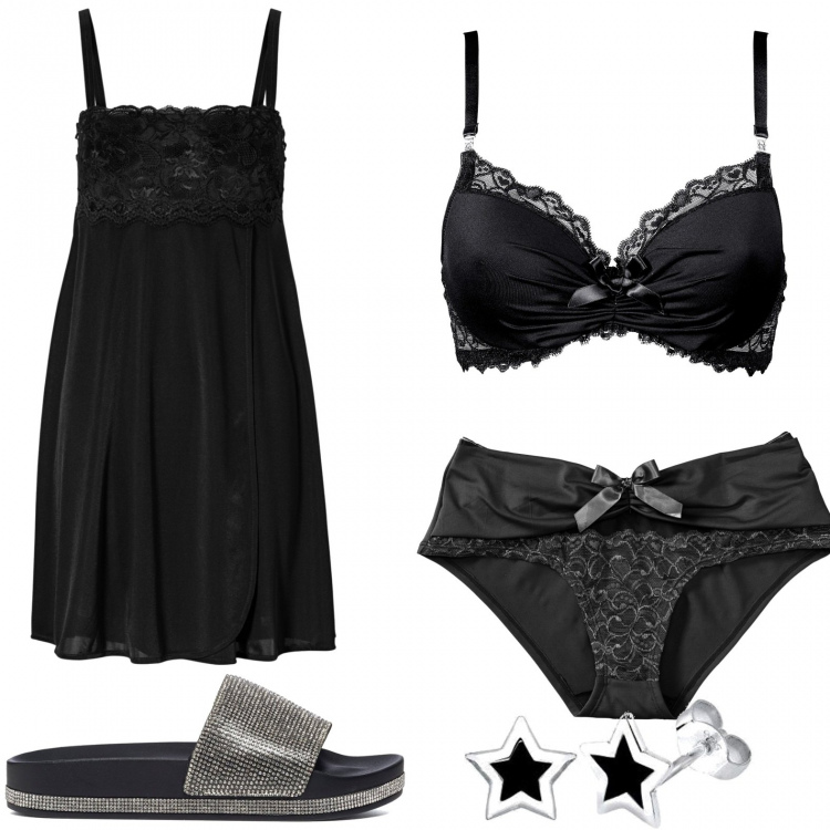 Outfit donna - Notte in nero. Stile Sexy per Tutti i giorni. Abbinamento con reggiseni, slip, vestaglie, ciabatte, orecchini.