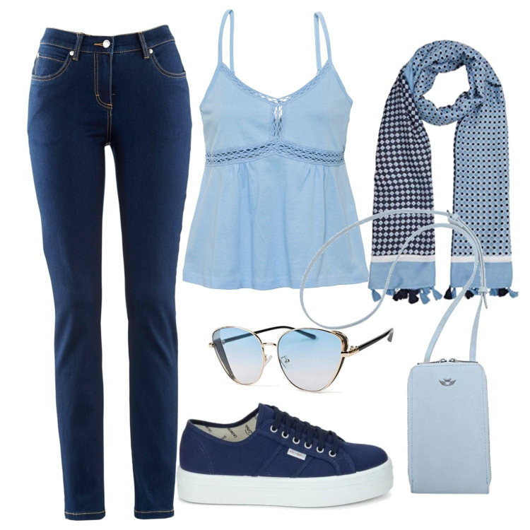 Outfit donna - Total look. Stile Casual per Tutti i giorni. Abbinamento con jeans dritti, top, sneakers, occhiali da sole, borse a tracolla, sciarpe.