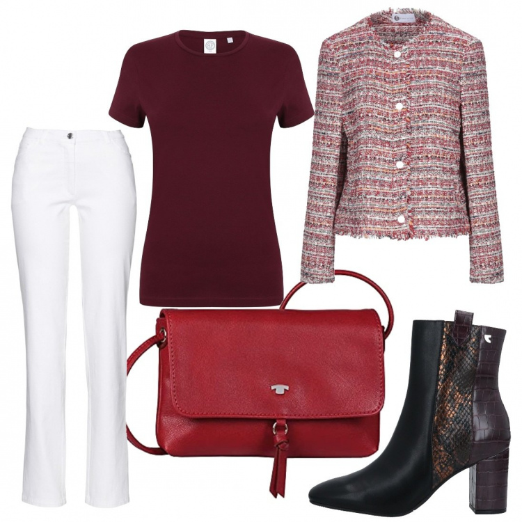 Outfit donna - La giacca Chanel. Stile Casual chic per Tutti i giorni. Abbinamento con pantaloni, blazer, stivaletti, t-shirt, borse a tracolla.